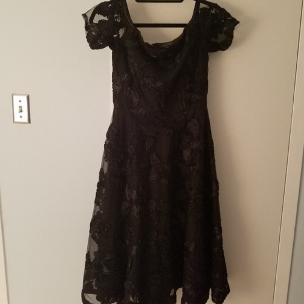 Tahari Black Lace, Off-the-Shoulder Tea-Length Dress - Picture 4 of 8